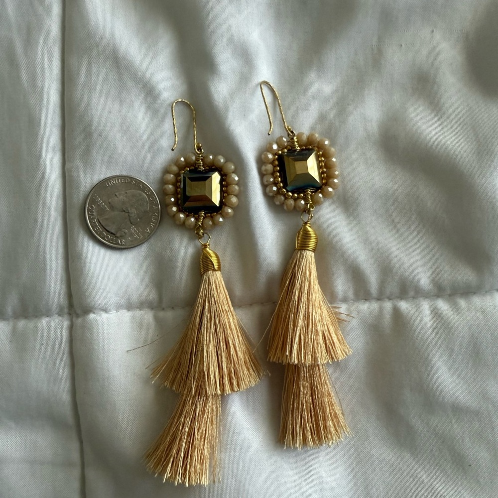 Gold Tassel Drop Earrings with Beaded Accent
